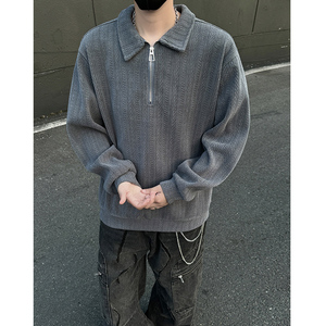 W149 黑墙麦穗纹本拉链翻领卫衣男潮潮大码宽松上衣 特P45无差价图片