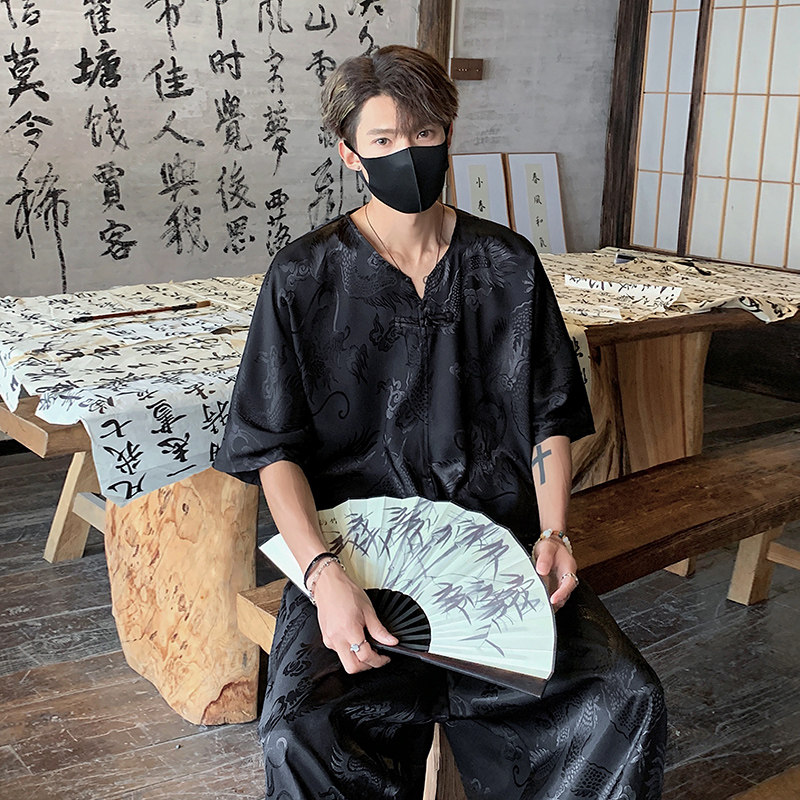 TK600新中式风冰丝垂感短袖T恤套装男潮宽松灯笼裤两件一套,男装T恤,电商A115