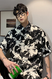 C215港风夏季冰丝垂感山水纹碎花短袖衬衫男宽松帅气休闲衬衣，男装T恤，电商A115
