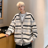 M801秋季新款条纹V领针织开衫外套男潮宽松慵懒风针织衫毛衣P65，男装针织衫/毛衣，电商A115