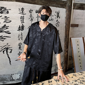 TK600 新中式风冰丝垂感短袖T恤套装男潮宽松灯笼裤两件一套图片