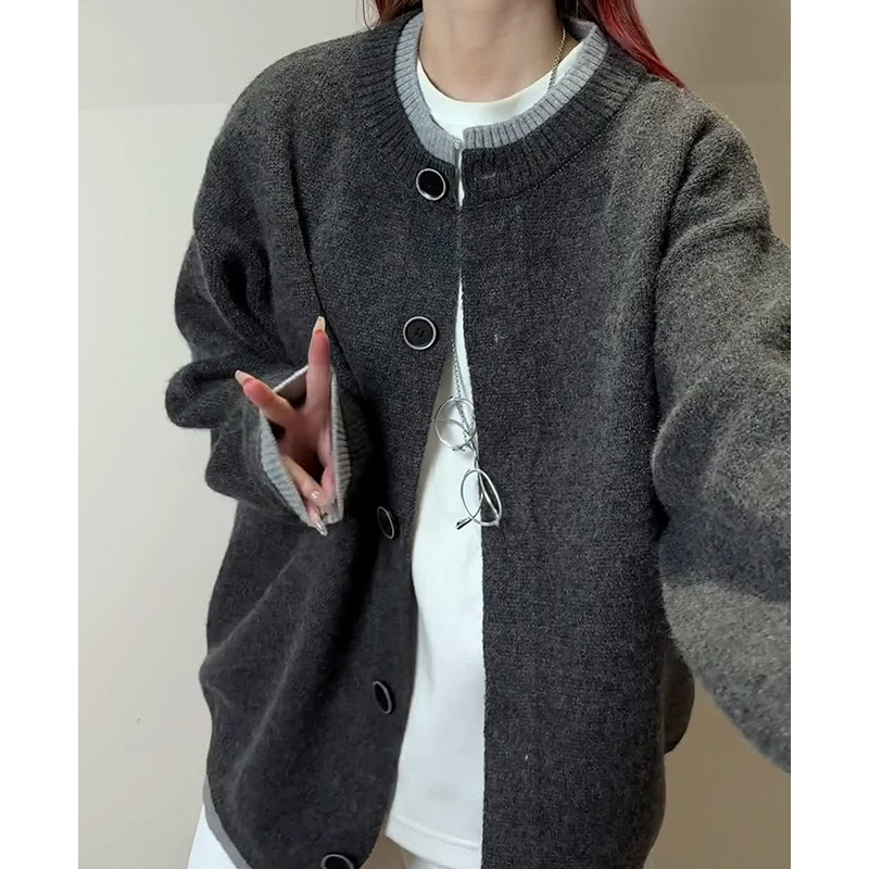 M716美式慵懒风拼接假两件针织开衫圆领毛衣男潮宽松外套P65，男装针织衫/毛衣，电商A115
