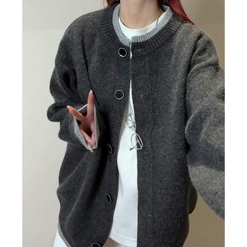 M716 美式慵懒风拼接假两件针织开衫圆领毛衣男百搭宽松外套 P65