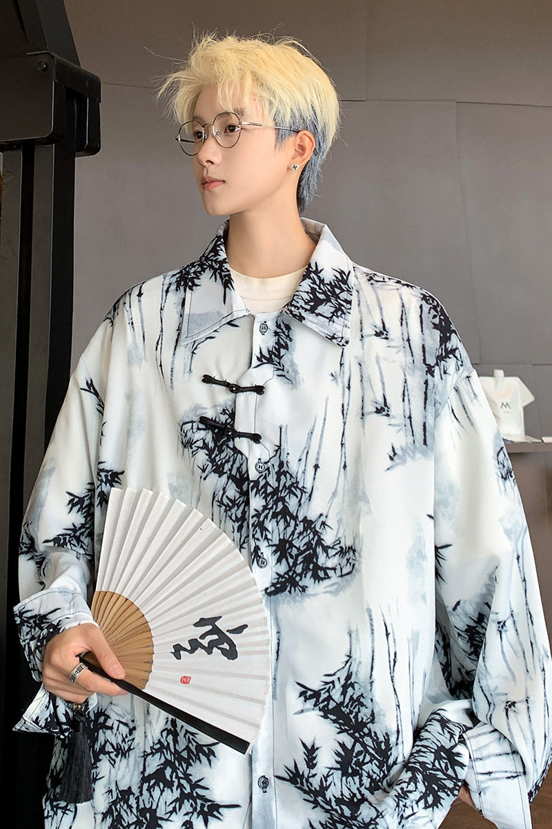 C805秋季新中式盘扣水墨纹长袖衬衫男潮流宽松大码风衬衣P45,男装衬衫,电商A115