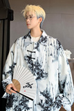 C805秋季新中式盘扣水墨纹长袖衬衫男宽松大码风百搭衬衣P45，男装衬衫，电商A115