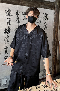 TK600 新中式风冰丝垂感短袖T恤套装男潮宽松灯笼裤两件一套图片
