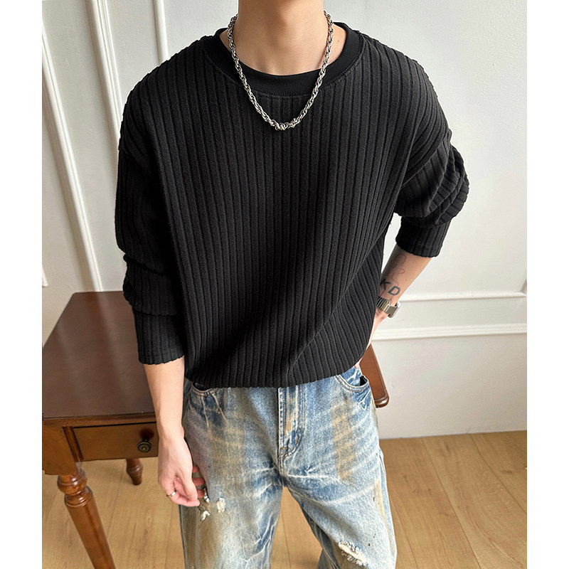 T0052026春季黑色肌理垂感条纹圆领长袖T恤男宽松套头打底衫P30，男装T恤，电商A115