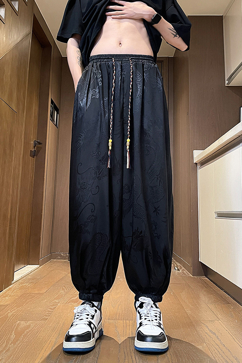 K600新中式风冰丝垂感龙纹灯笼裤男潮大码宽松束脚休闲裤P50,男装休闲裤,电商A115