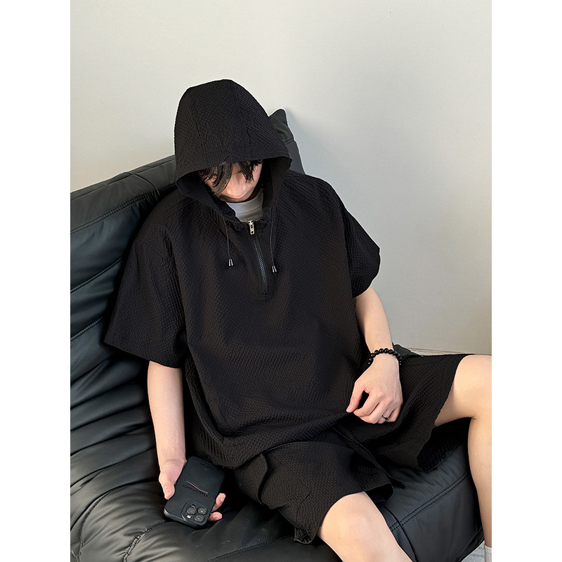 TZ1106 冰丝泡泡纱休闲连帽短袖T恤套装男短裤运动休闲两件套 P65