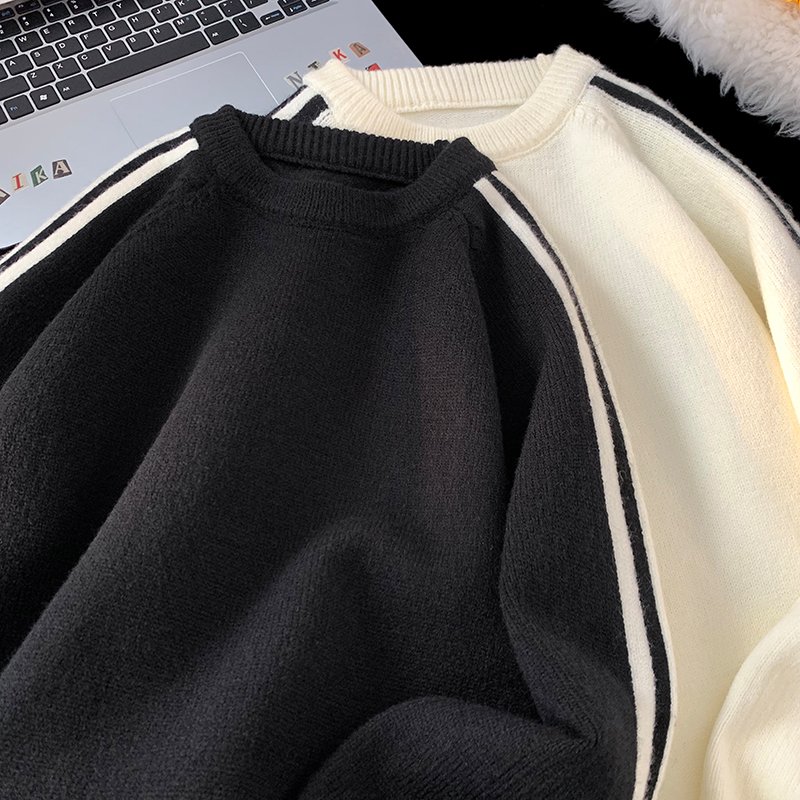 M6011 秋冬黑色圆领毛衣男潮流插肩袖拼接撞色毛衫 特P45无差价