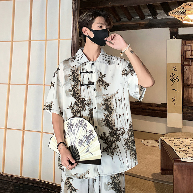 C804新中式风盘扣短袖衬衫男宽松大码薄款竹子印花衬衣P40,男装T恤,电商A115