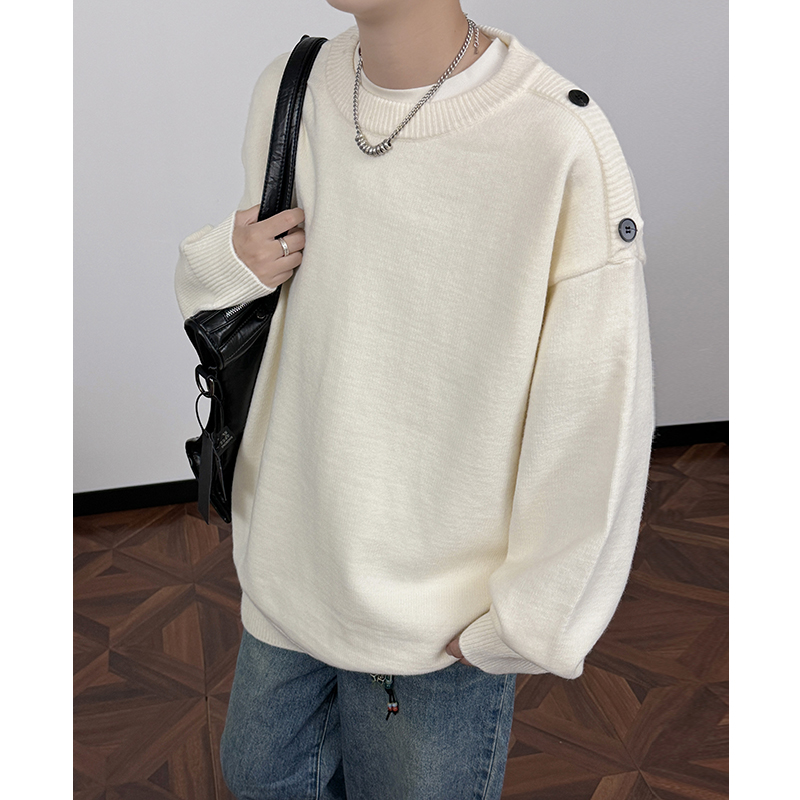 M680秋季新款纽扣设计黑色套头圆领毛衣男宽松线衣针织衫P60，男装针织衫/毛衣，电商A115