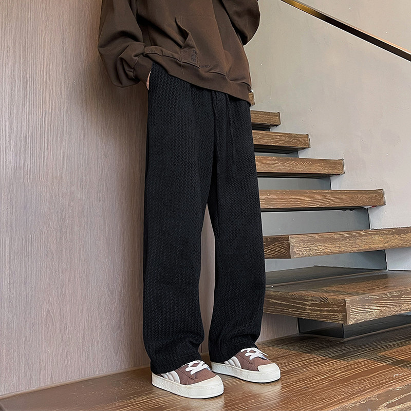 K183春季肌理感黑色休闲裤男宽松雪尼尔直筒裤子特P38无差价，男装休闲裤，电商A115