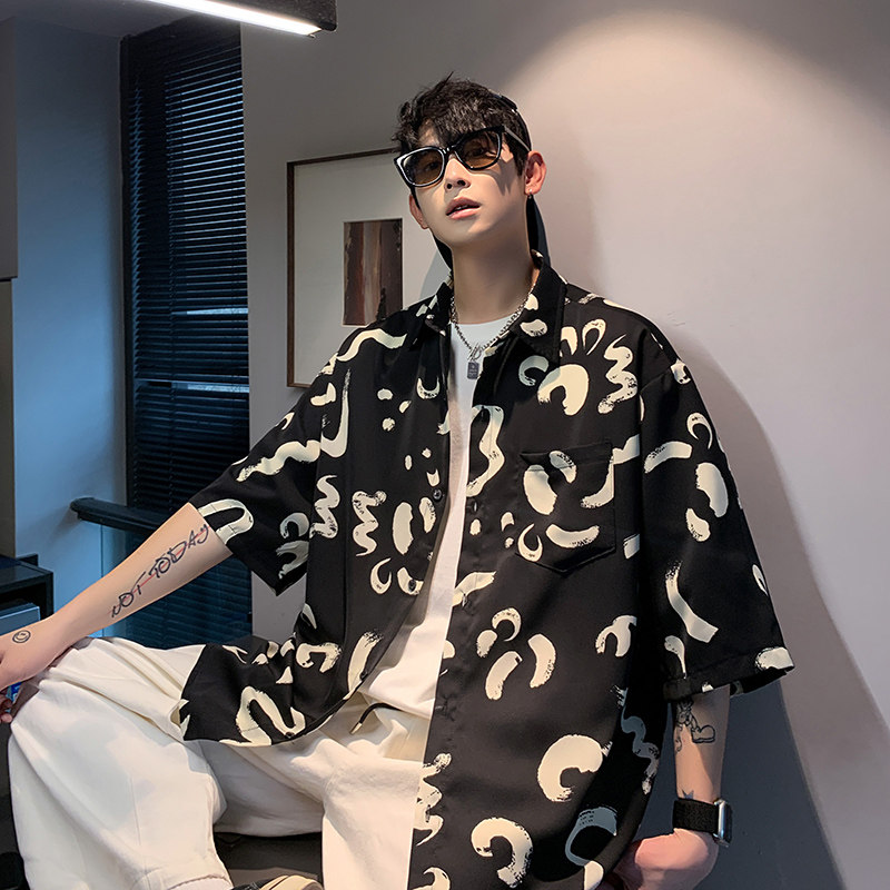 CS77港风夏季碎花冰丝薄款豹纹短袖衬衫男宽松半袖花衬衣P40,男装T恤,电商A115