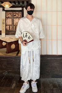 TK600 新中式风冰丝垂感V领短袖T恤套装男宽松灯笼裤两件套图片