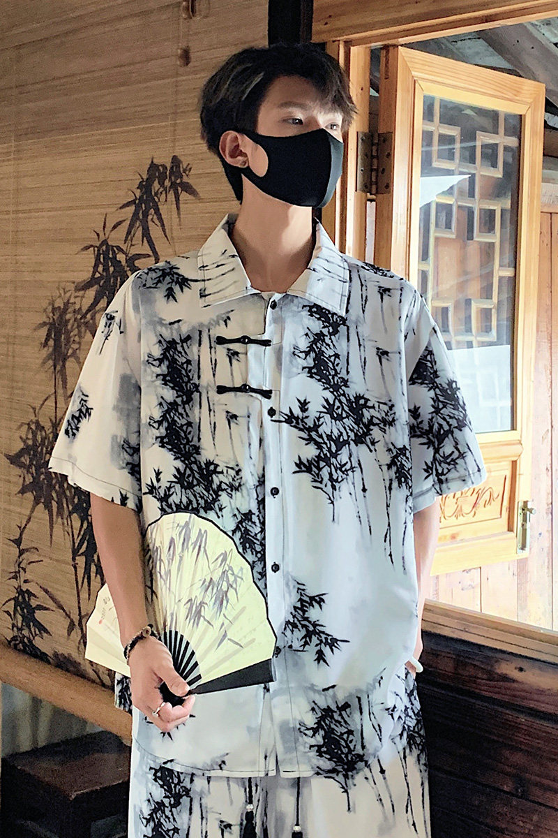 C804新中式风盘扣短袖衬衫男宽松水墨蓝竹子印花衬衣P40,男装T恤,电商A115