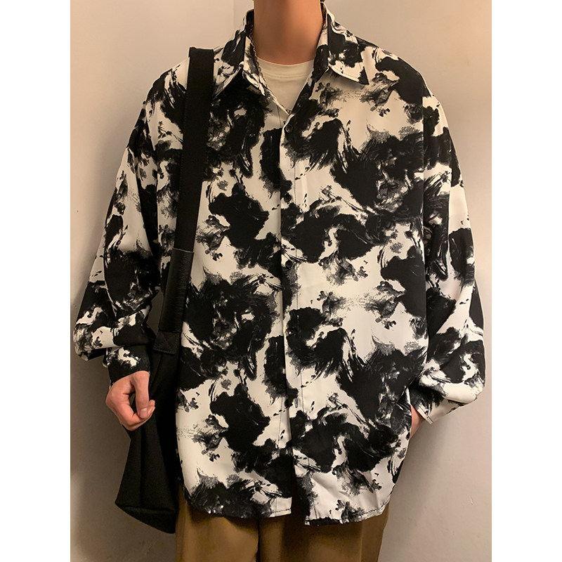 CS04春季防皱条纹纹印花长袖衬衫男潮宽松垂感丝滑搭衬衣P45,男装衬衫,电商A115