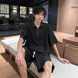 TZ1104夏季冰丝半拉链短袖T恤套装男大码松弛感宽松两件一套P65，商品下架区，电商A115