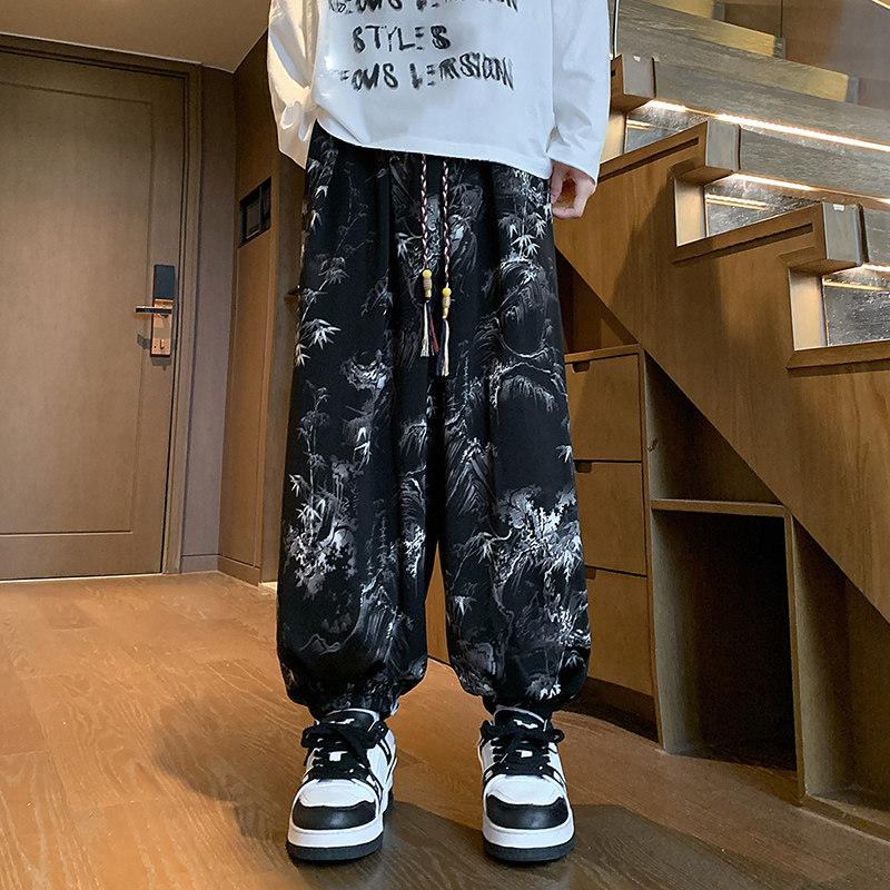 K400新中式风休闲裤纹扎染垂感裤子男大码宽松阔腿灯笼裤P50,男装休闲裤,电商A115