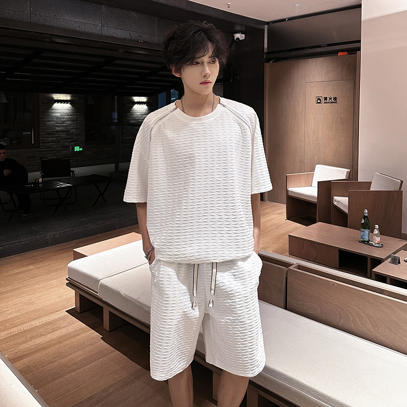 TZ1103冰丝肌理双拉链圆领短袖T恤套装男短裤松弛感两件一套P65，商品下架区商品下架区，电商A115