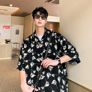 CS77港风夏季碎花冰丝薄款短袖衬衫男士潮流宽松半袖花衬衣P40