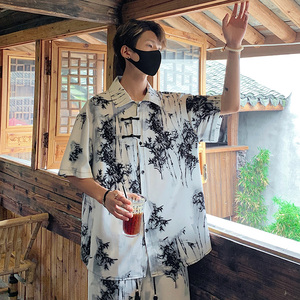 C804 新中式风盘扣短袖衬衫男宽松大码薄款竹子印花衬衣 P40图片