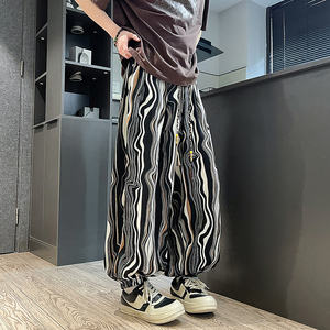 K63 风条纹印花灯笼裤男装宽松休闲裤冰丝垂感阔腿裤 P50图片