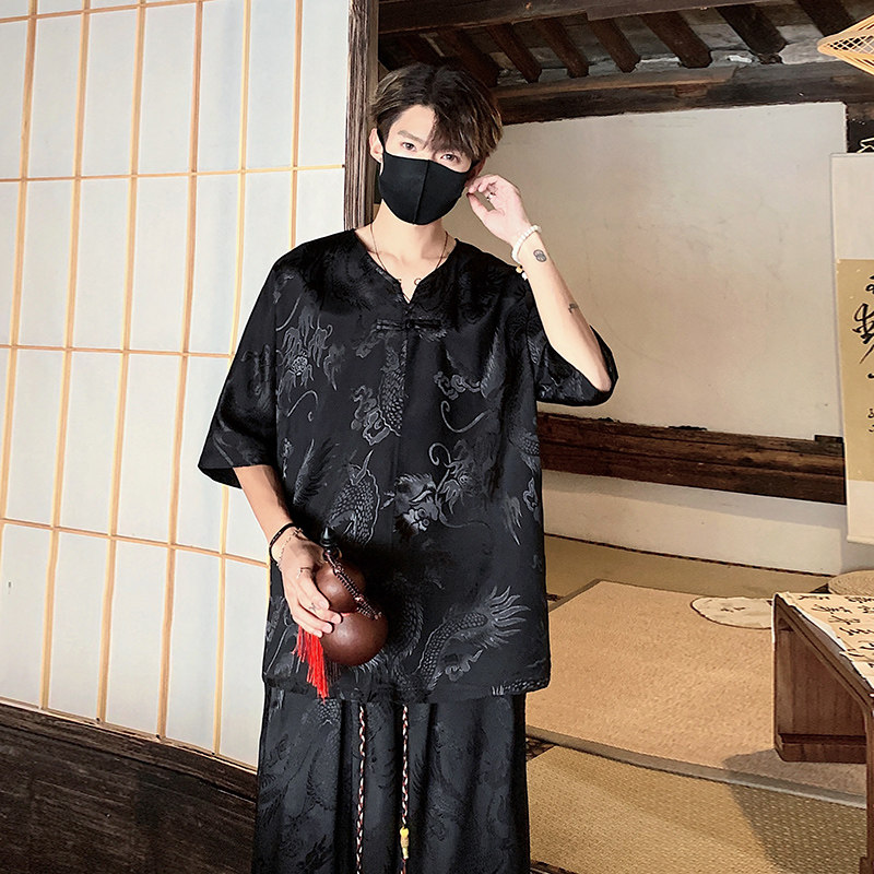 TK600 新中式风冰丝垂感短袖T恤套装男潮宽松灯笼裤两件一套图片