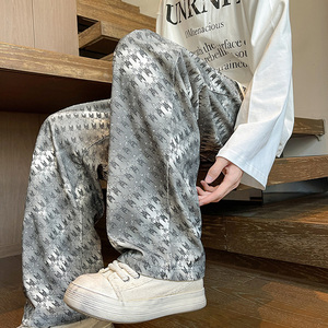 K34 春季扎染格纹休闲裤男潮大码宽松直筒阔腿裤 特P35 无差价，男装休闲裤，电商A115