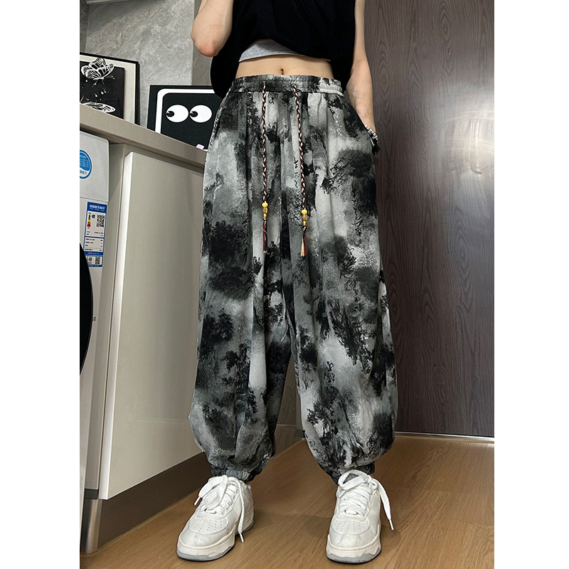 K900新中式风冰丝垂感扎染水墨画灯笼裤宽松束脚休闲裤男P50,男装休闲裤,电商A115