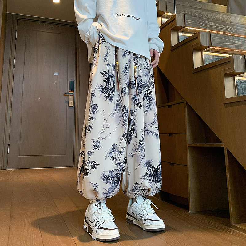 K400新中式风休闲裤纹扎染垂感裤子男大码宽松薄款灯笼裤P50,男装休闲裤,电商A115