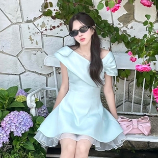 小个子收腰甜美公主短裙子 富家千金风薄荷绿一字斜肩连衣裙女夏季