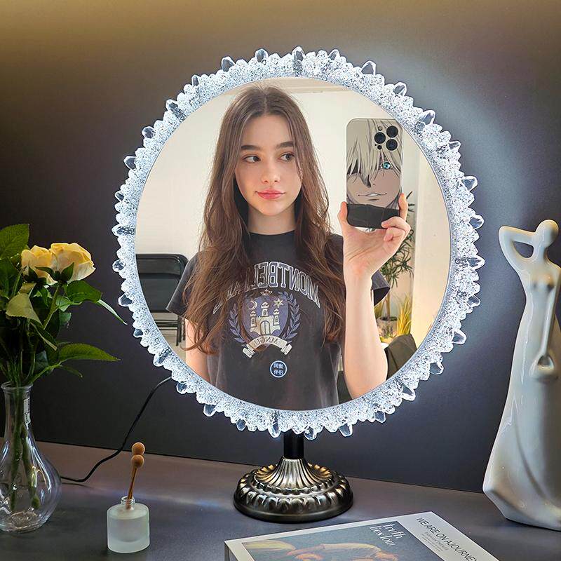 轻奢网红化妆镜亚克力台式带灯梳妆台镜三色变光智能镜卧室发光镜