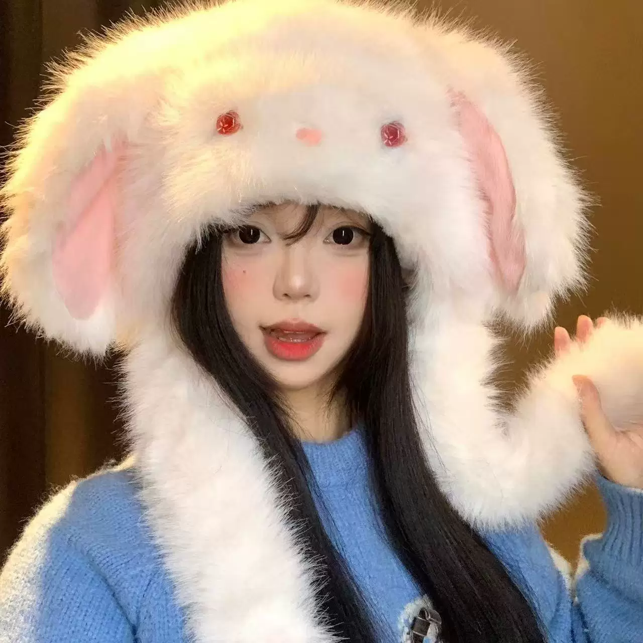冬季破碎心碎兔耳会动加厚保暖帽