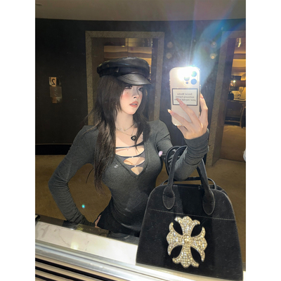 绑带V领性感显瘦长袖针织衫上衣