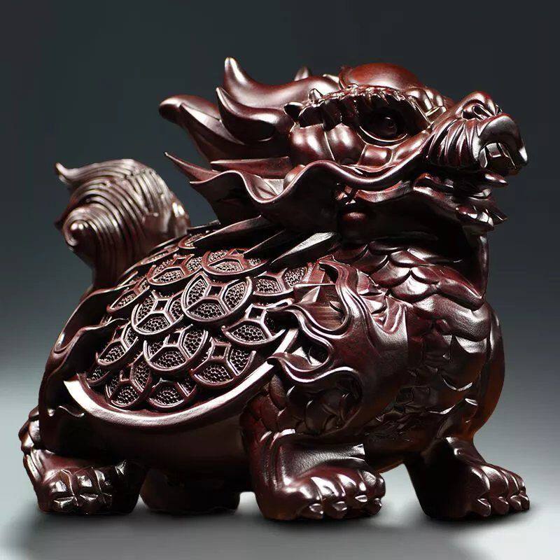 黑檀木雕龙龟摆件红刻工