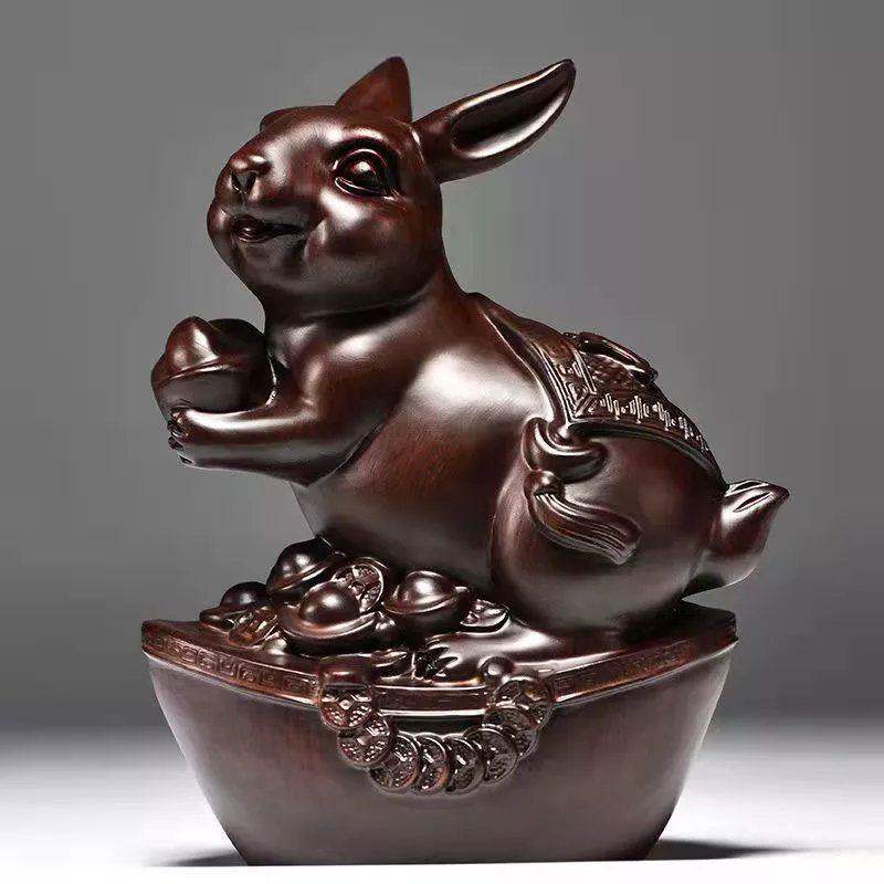 黑檀木雕福兔子摆件实木