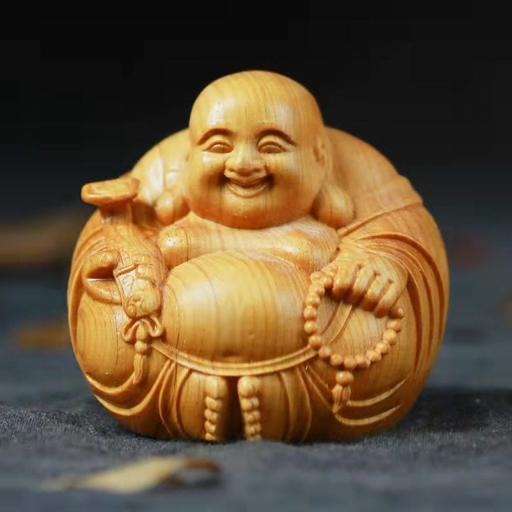 一团和气崖柏木雕笑弥勒