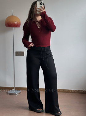 VINMEN垂感空气裤 美式运动风弹力抽绳阔腿裤长裤休闲拖地250911