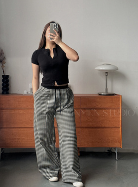 VINMEN格子泡泡裤 微胖粗腿宽松阔腿松紧腰抽绳休闲裤长裤250206