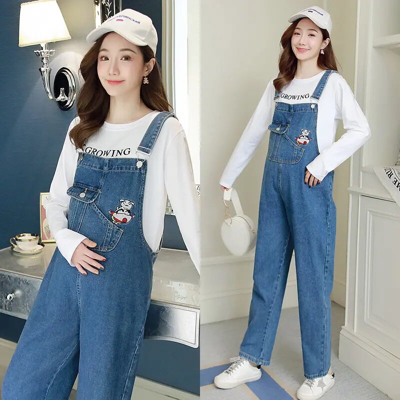 孕妇套装2025新款春秋季外穿宽松大码孕妇牛仔背带裤小个子两件套