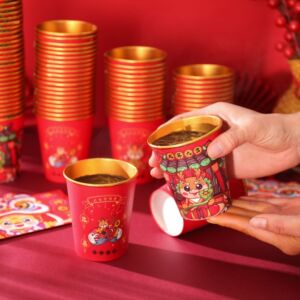 龙年纸杯子一次性家用50只装2024新款红色过年喜庆
