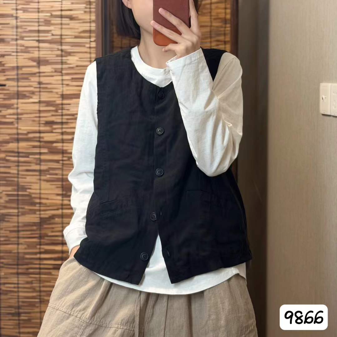 早秋纯色圆领纯亚麻内衬女马甲