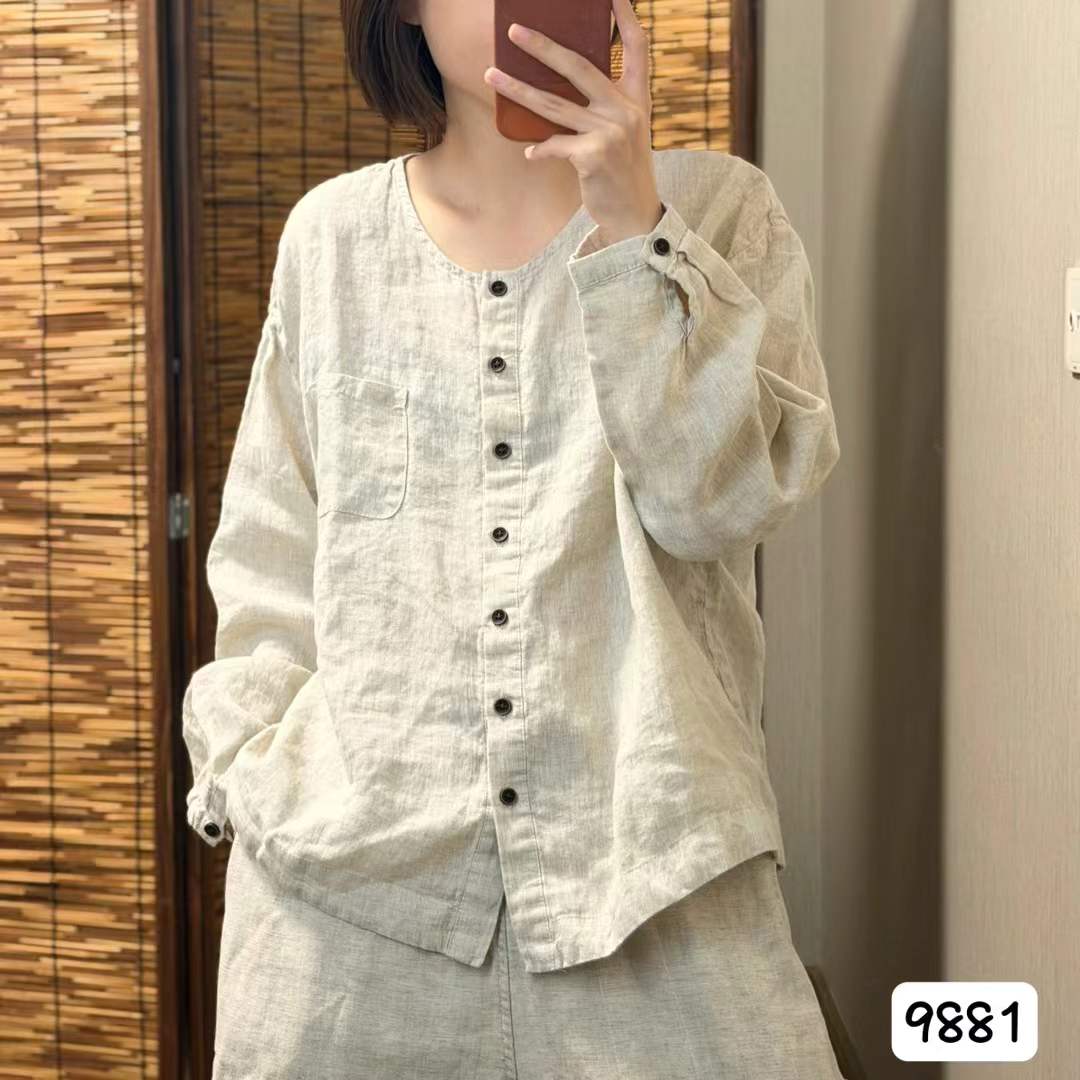 文艺复古纯亚麻衬衫女士上衣