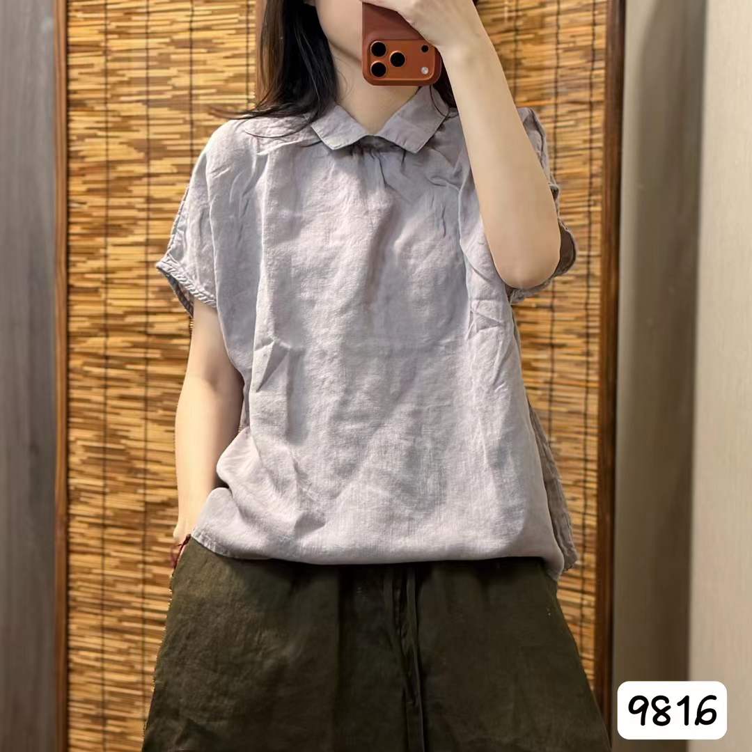 纯亚麻衬衫女短袖宽松百搭上衣