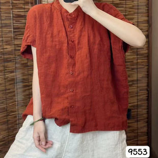 9553高品质纯亚麻短袖衬衫夏季文艺休闲百搭上衣时尚显瘦薄款亚麻