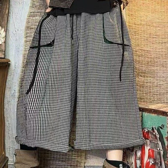 2025夏季新款宽松显瘦大码松紧腰格子裤棉七分裤子薄棉麻阔腿裤女