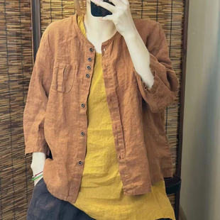 上衣女 9396夏季 新款 休闲百搭极简风砂洗亚麻开衫 褶皱亚麻系扣短袖