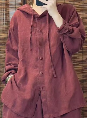 9592秋季新款高品质纯亚麻长袖连帽衬衫女士休闲百搭衣宽松显瘦款