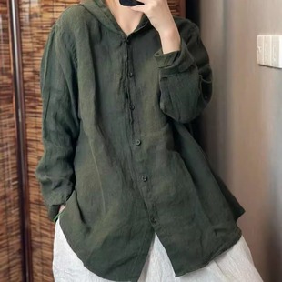 9585秋季新款砂洗亚麻开衫女时尚显瘦复古百搭宽松外套纯亚麻上衣